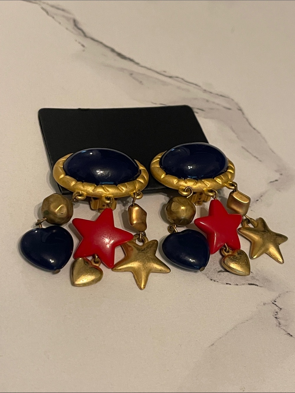 Patriotic Dangle Charm Earrings - Navy, Red & Gold- Clip Ons